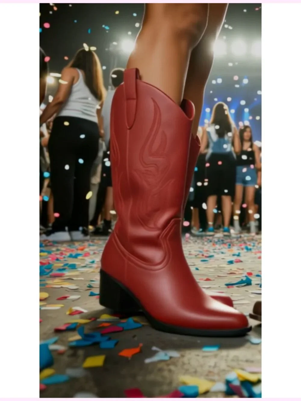 Mid Calf Western Boots Square Toe Cowboy Boots Pull On Faux Leather